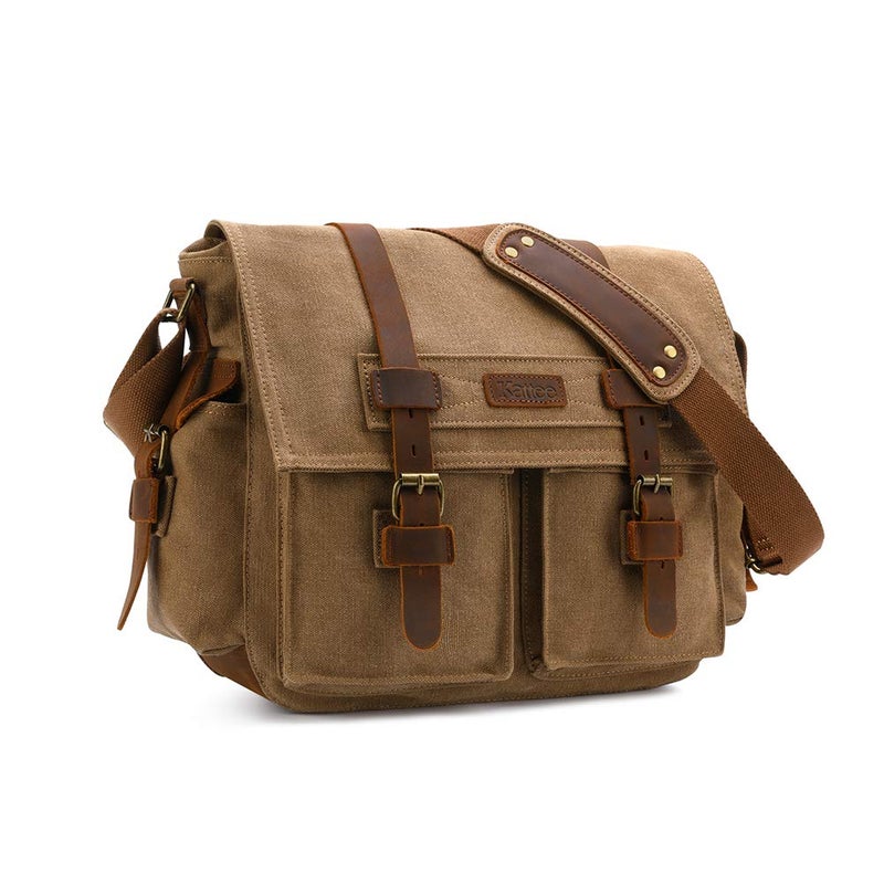 Kattee Leather Canvas Camera Bags for Men Vintage DSLR SLR Messenger Shoulder Bags Khaki - Image 1